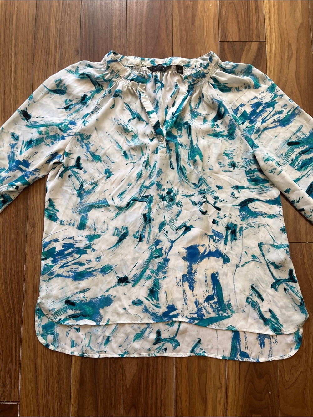 Investments White Blouse with Teal Blue Abstract Brushstrokes Large 3/4 sleeves